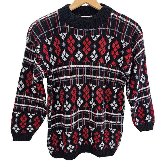 Vintage Black Red White Argyle Print Acrylic Sweater Women's Size MEDIUM - Picture 1 of 4